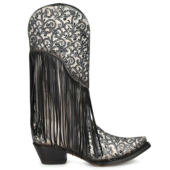 Corral Boots Womens Crater Fringe Glitter Tooled Inlay Snip Toe Cowboy Mid