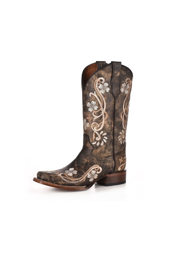 CORRAL Adult Female Floral Embroidery Square Toe Boots, Color: Black/Multi Color, Size: 8, Width: M