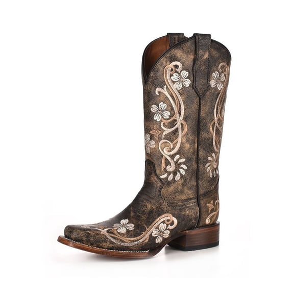 CORRAL Adult Female Floral Embroidery Square Toe Boots, Color: Black/Multi Color, Size: 7.5, Width: M