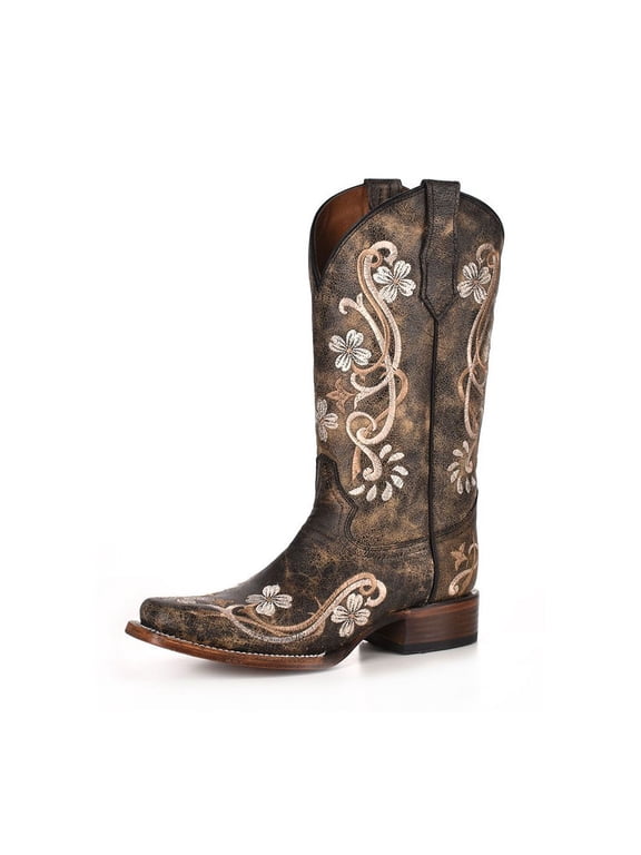 CORRAL Adult Female Floral Embroidery Square Toe Boots, Color: Black/Multi Color, Size: 7.5, Width: M