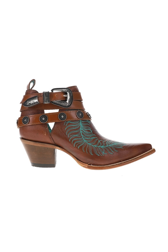 Womens Embroidered Concho Harness Pointed Toe Cowboy Ankle Bo