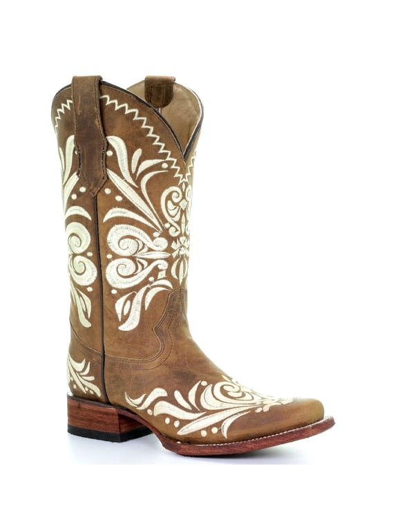 CORRAL Adult Female Circle G Tan Embroidery Sq. Toe Boots, Size: 7.5, Width: M (L5409-LD-M-7.5)
