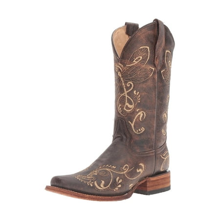CORRAL Adult Female Distressed Dragonfly Embroidery Sq. Toe Boots, Color: Brown/Bone, Size: 6.5, Width: M