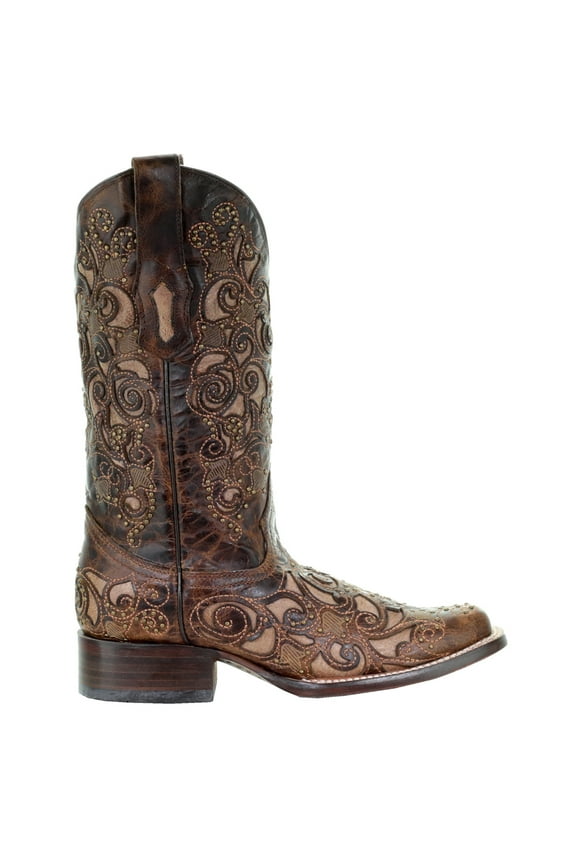 Womens Embroidered Tooled Inlay Square Toe Cowboy Mid Calf Bo