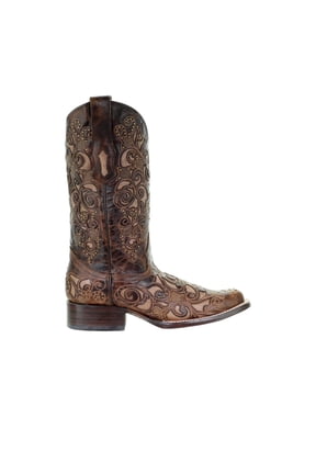 Womens Embroidered Tooled Inlay Square Toe Cowboy Mid Calf Bo