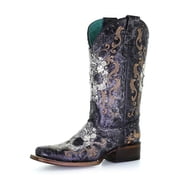 CORRAL Adult Female Floral Skull Embroidery & Studs Sq. Toe Boots, Color Black/White, Size 7, Width M