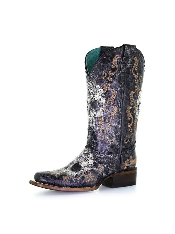 CORRAL Adult Female Floral Skull Embroidery & Studs Sq. Toe Boots, Color: Black/White, Size: 10.5, Width: M