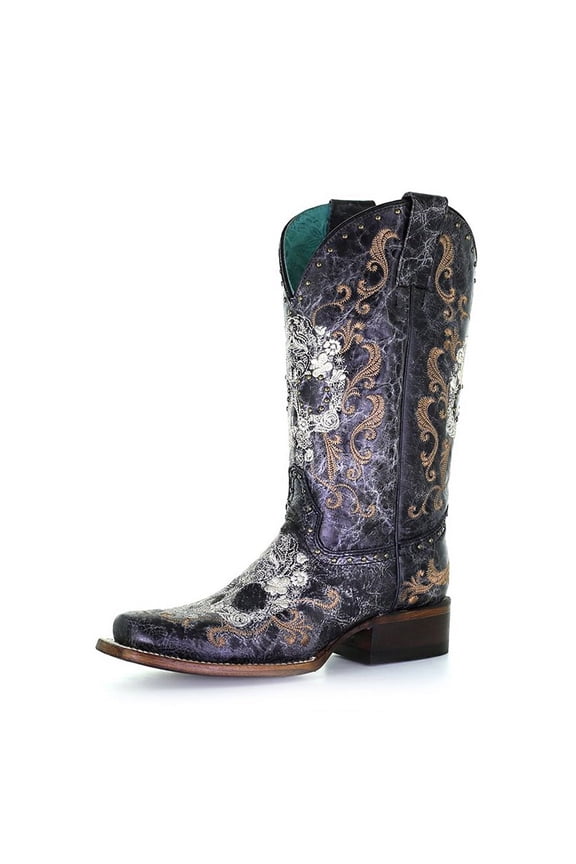 CORRAL Adult Female Floral Skull Embroidery & Studs Sq. Toe Boots, Color: Black/White, Size: 6, Width: M