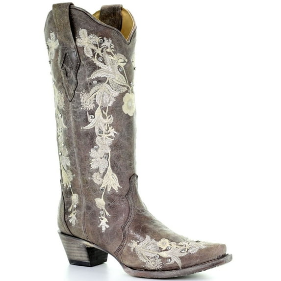 CORRAL Adult Female Flowered Embroidery & Crystals Studs Boots, Color: Tobacco, Size: 6.5, Width: M