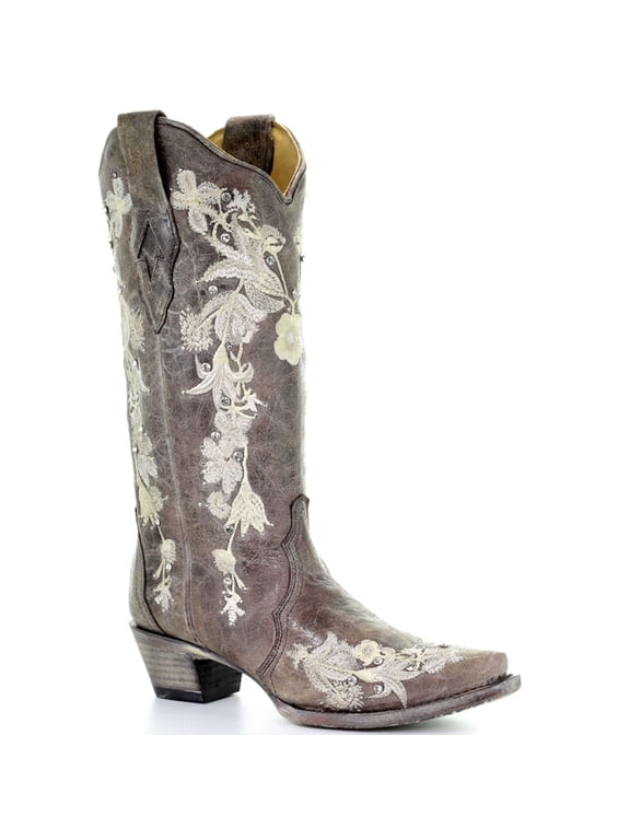 CORRAL Adult Female Flowered Embroidery & Crystals Studs Boots, Color: Tobacco, Size: 6.5, Width: M
