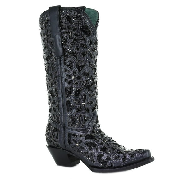 CORRAL Adult Female Inlay Embroidery & Studs Black Boots, Size: 6.5, Width: M
