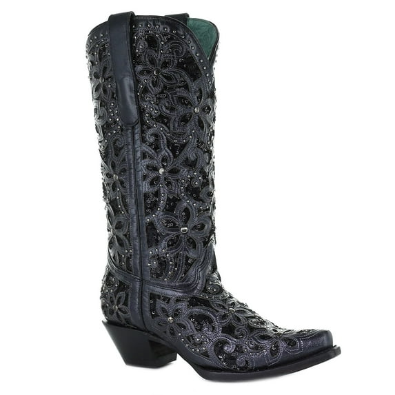 CORRAL Adult Female Inlay Embroidery & Studs Black Boots, Size: 5, Width: M