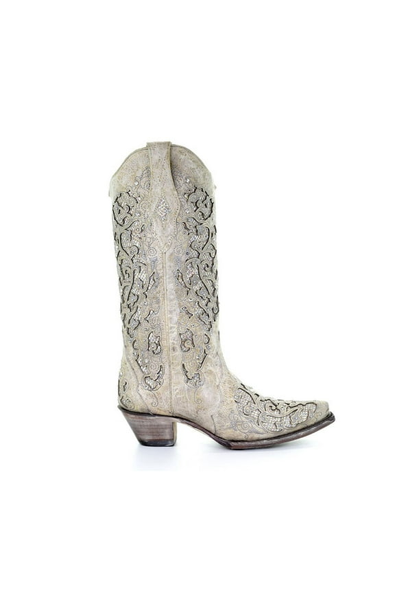 CORRAL Adult Female Glitter Inlay & Crystals White Boots, Size: 9, Width: M
