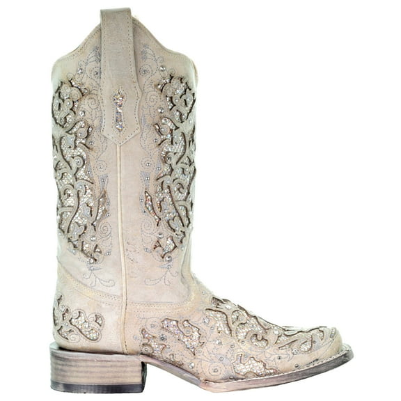 Corral Boots Womens Glitter Studded Tooled Inlay Square Toe Cowboy  Mid Cal