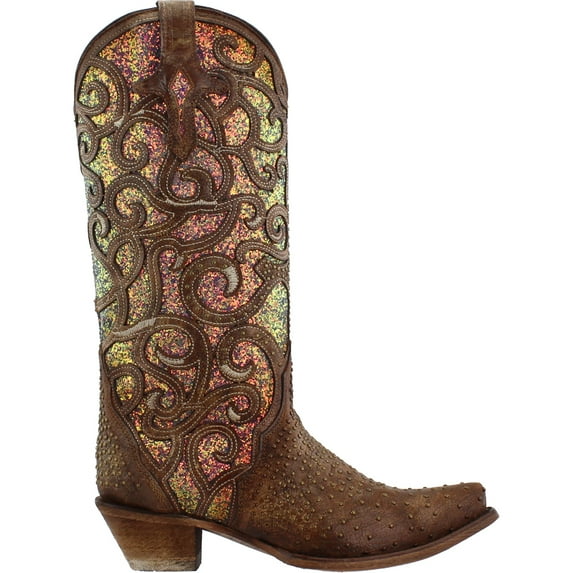 Corral Boots Womens Glitter Tooled Inlay Snip Toe Cowboy Mid Calf Dress Bo