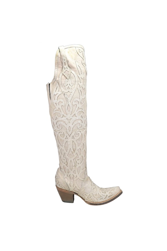 Womens Glitter Tooled Inlay Snip Toe Cowboy Tall Boots