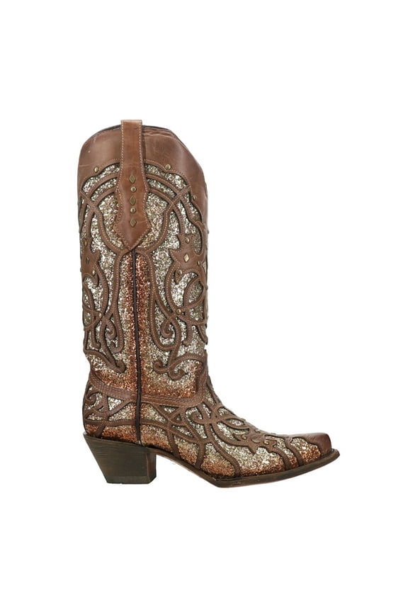 Womens Glitter Tooled Inlay Snip Toe Cowboy Tall Dress Boots