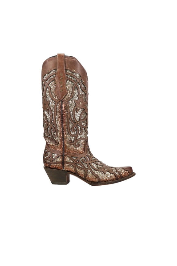 Womens Glitter Tooled Inlay Snip Toe Cowboy Tall Dress Boots