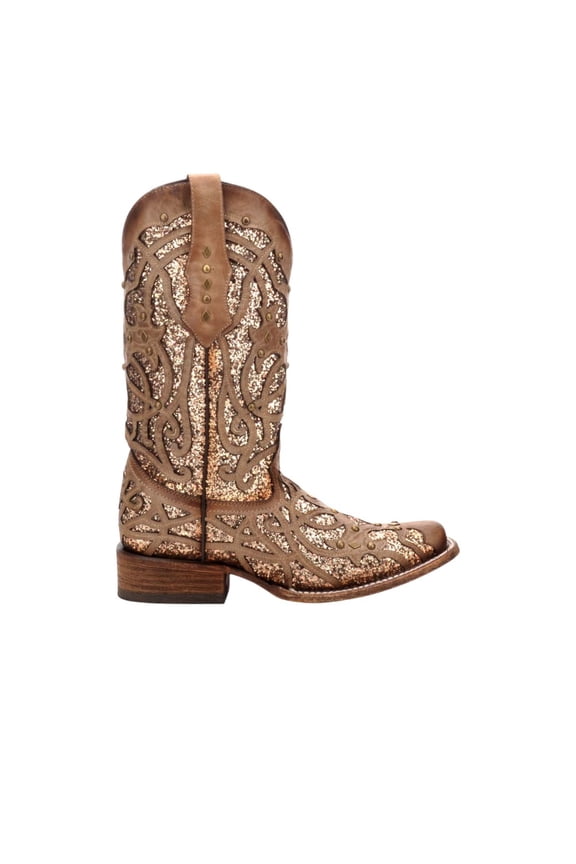 Womens Glitter Tooled Inlay Square Toe Cowboy  Tall Boots