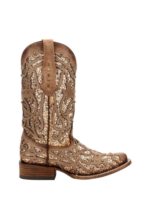 Womens Glitter Tooled Inlay Square Toe Cowboy Tall Boots