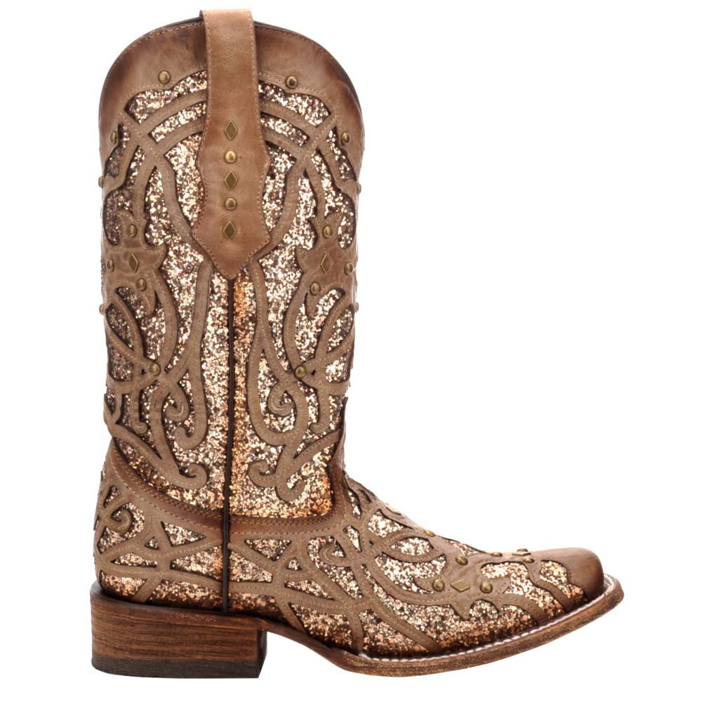 Corral Boots Womens Glitter Tooled Inlay Square Toe Western Tall Boots