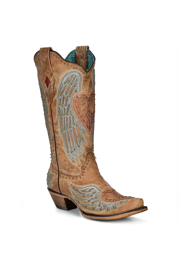 CORRAL Adult Female Sand Heart And Wings Overlay & Embroidery & Studs Boots, Size: 11, Width: M