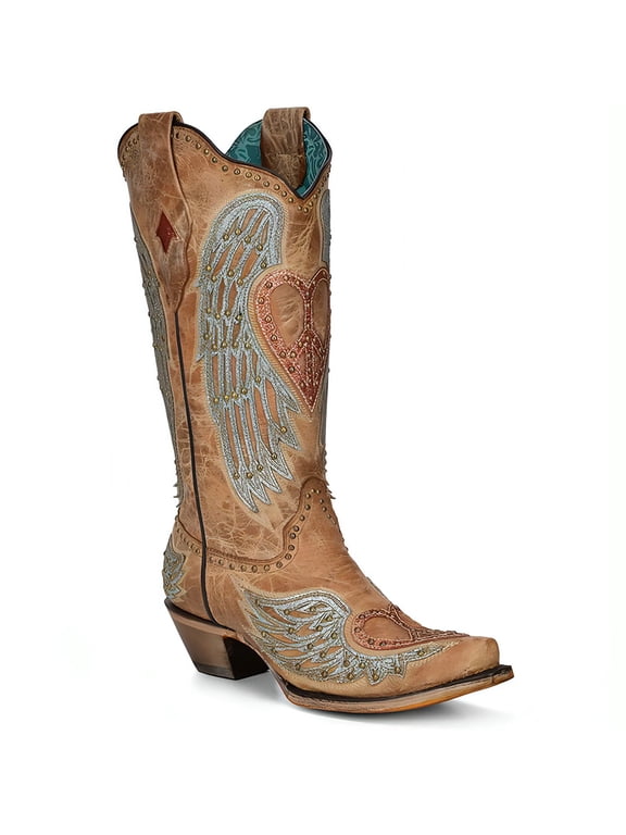 CORRAL Adult Female Sand Heart And Wings Overlay & Embroidery & Studs Boots, Size: 10.5, Width: M