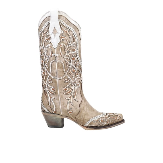 Corral Boots Womens Studded Tooled Inlay Snip Toe Cowboy Mid Calf Dress Bo