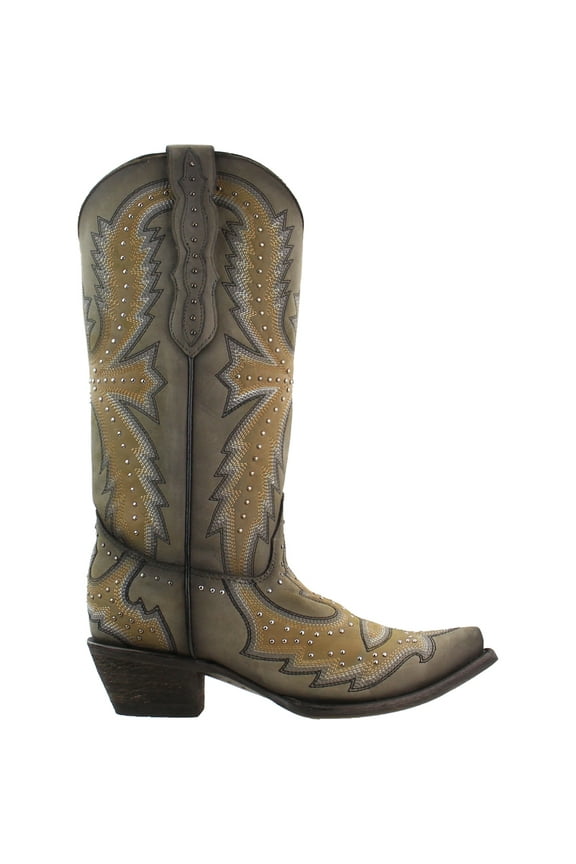 Womens Two Toned Tooled-Inlay Snip Toe Cowboy Casual Boots Mid Calf Low Heel 1-2"