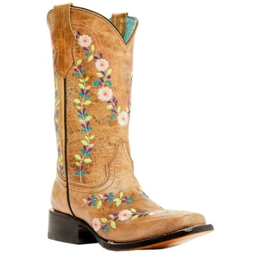 Corral Girls' Floral Embroidered Blacklight Western Boot Square Toe - T0161 4 D