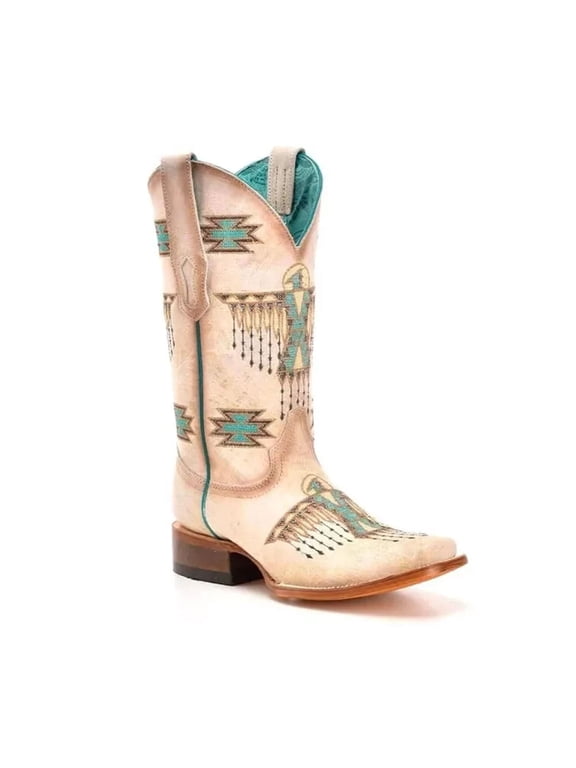 CORRAL Adult Female White-Turquoise Embroidery Square Toe Western Boots, Size: 10.5 (Z5219-10.5)