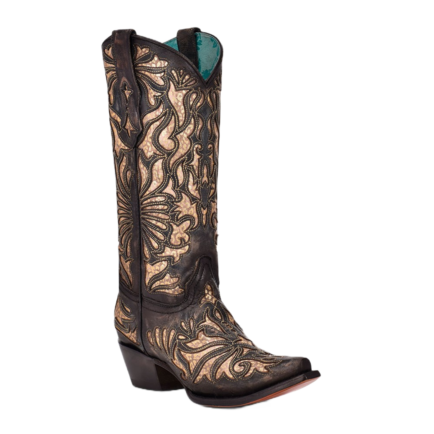 CORRAL Women's Cowboy Boots - Golden Embroidery, Leather Sole, 3 Inch Heel, A4216