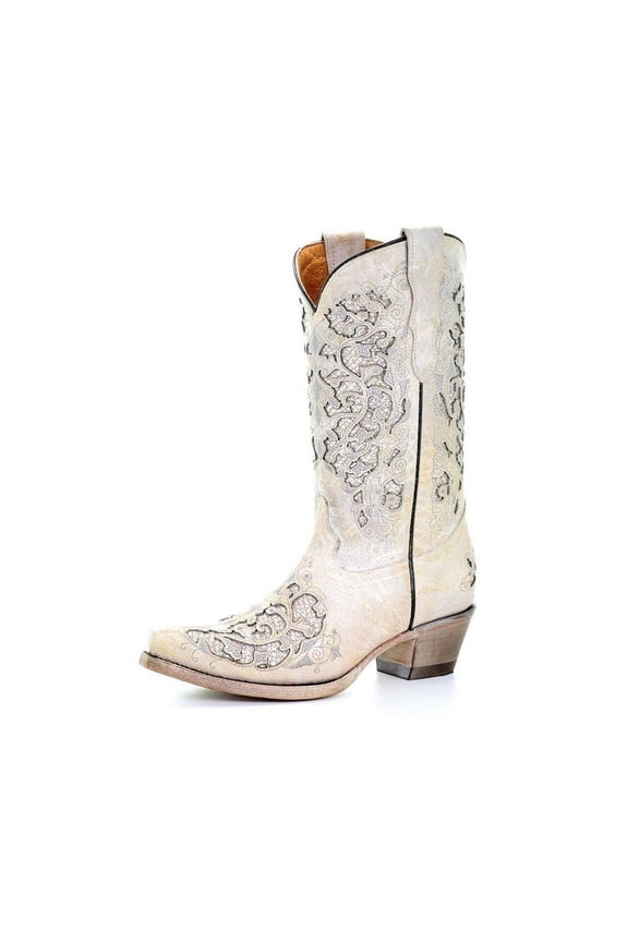Corral Western Boots Girls 11" Pull On Glitter Inlay White T0021