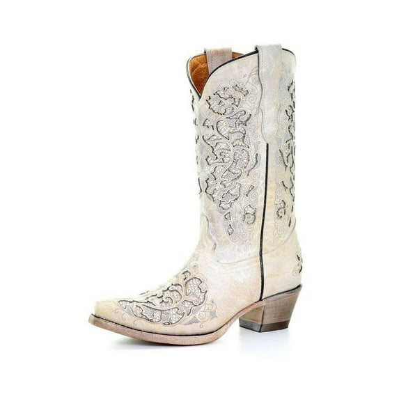 Corral Western Boots Girls 11" Pull On Glitter Inlay White T0021