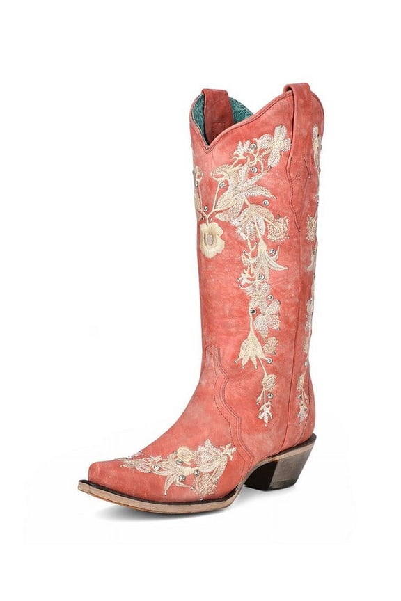 Corral Western Boots Womens 13" Leather Flowered 6.5 M Coral A4238