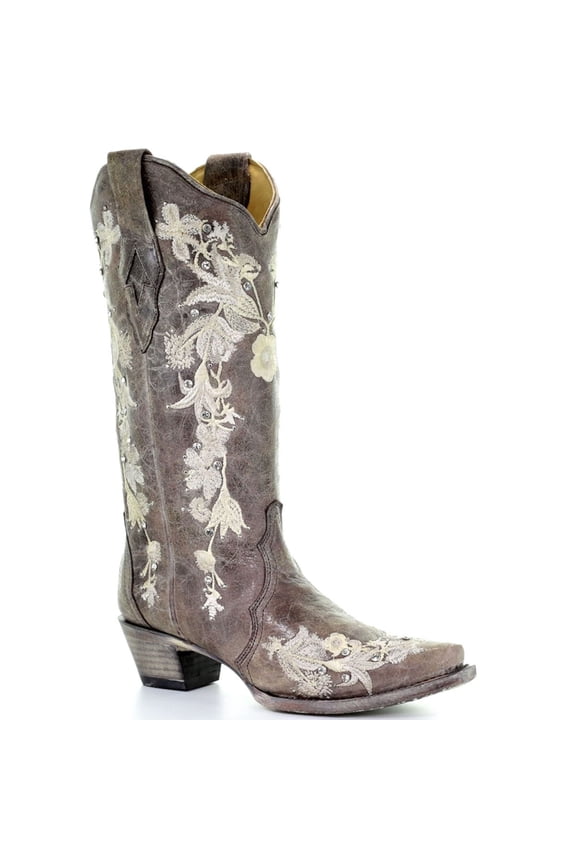 CORRAL Adult Female Flowered Embroidery & Crystals Studs Boots, Color: Tobacco, Size: 8.5, Width: M