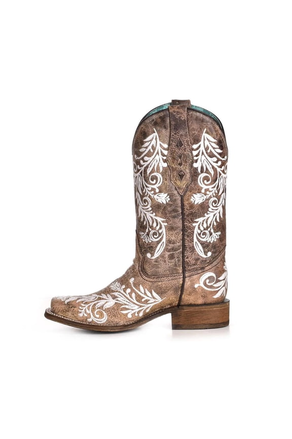 CORRAL Adult Female Glow Collection Brown/White Embroidery Western Boots, Size: 6.5, Width: M