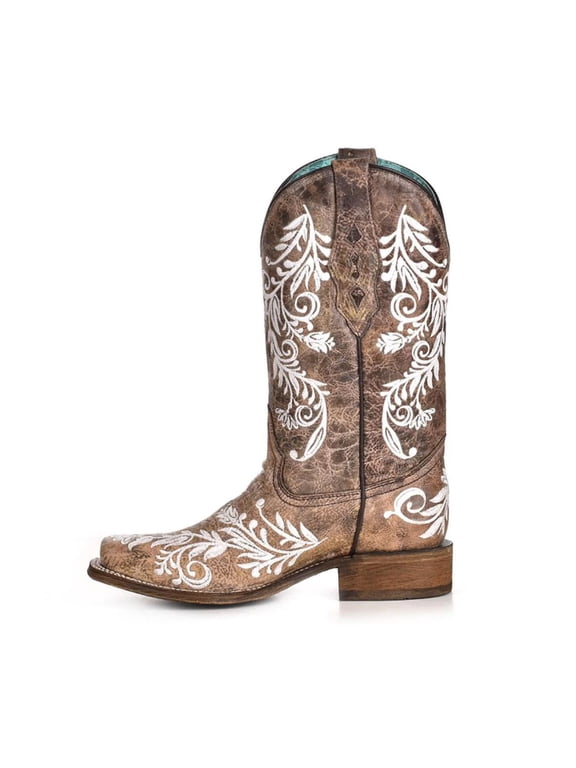 CORRAL Adult Female Glow Collection Brown/White Embroidery Western Boots, Size: 6.5, Width: M