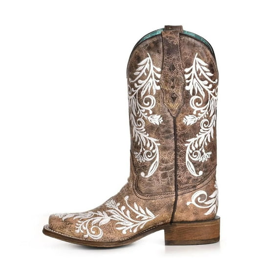CORRAL Adult Female Glow Collection Brown/White Embroidery Western Boots, Size: 9, Width: M