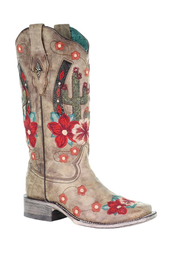 Corral Western Boots Womens Cactus Floral Horseman 10 W Taupe A3769