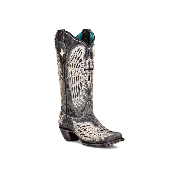CORRAL Women's Black Cross & Wings Overlay & Studs Snip Toe Western Boots, Size: 5.5, Width: M