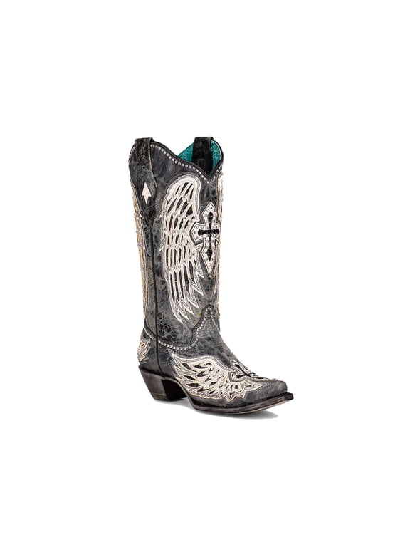 CORRAL Women's Black Cross & Wings Overlay & Studs Snip Toe Western Boots, Size: 7.5, Width: M