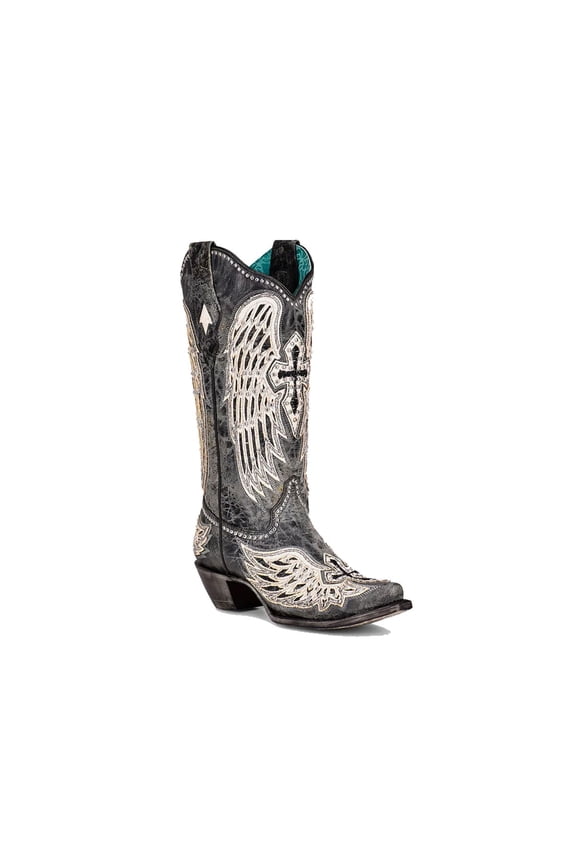 CORRAL Women's Black Cross & Wings Overlay & Studs Snip Toe Western Boots, Size: 9, Width: M