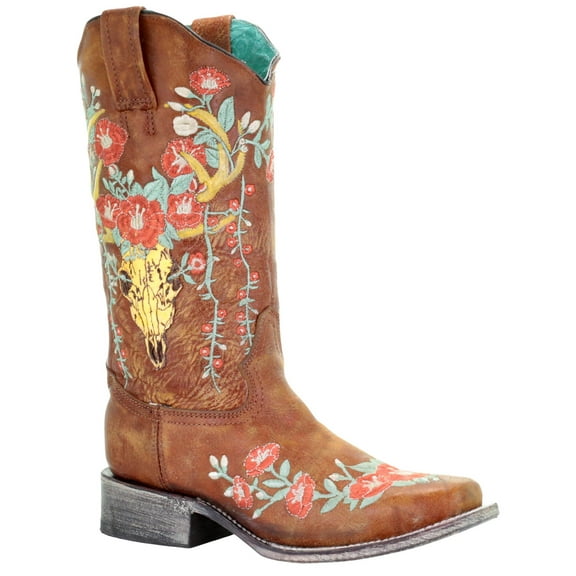 Corral Women's Deer Skull Overlay Western Boot Square Toe Brown 6 1/2 M  US