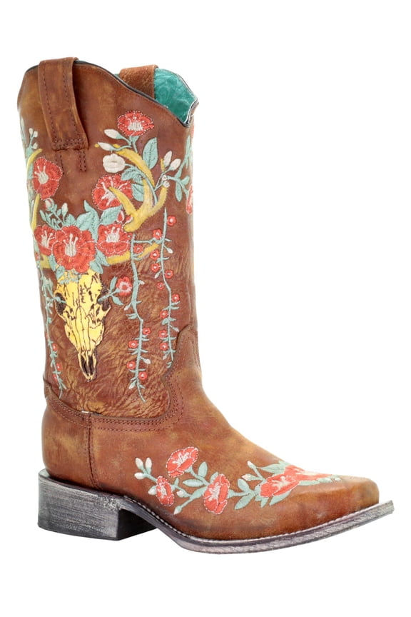 Corral Women's Deer Skull Overlay Western Boot Square Toe Brown 6 1/2 M US