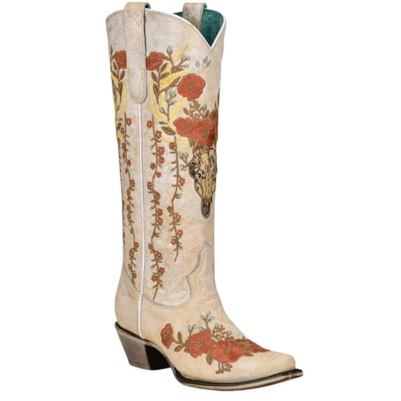 Corral Women's Floral And Deer Embroidered Western Boot Snip Toe White 10 M US