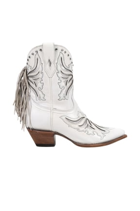 Womens Tooled Inlay Fringe Pointed Toe Cowboy Ankle Boots