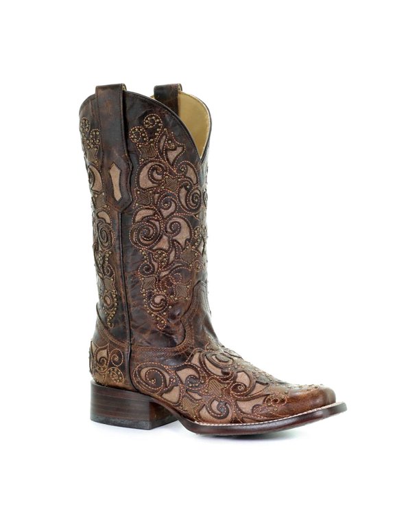 CORRAL Womens Brown Inlay & Studs & Embroidery Sq. Toe, Size: 6, Width: M (A3326-LD-M-6)