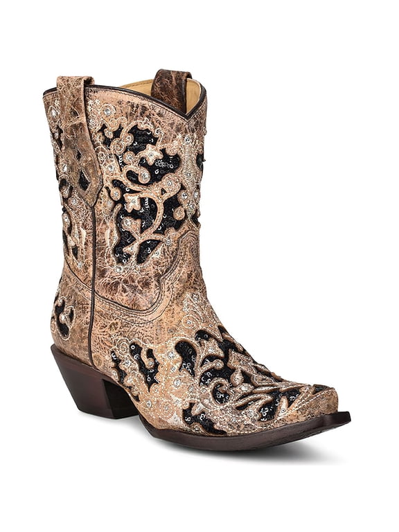 CORRAL Adult Female Brown Inlay & Embroidery & Studs & Crystals Ankle Boots, Size: 7.5, Width: M