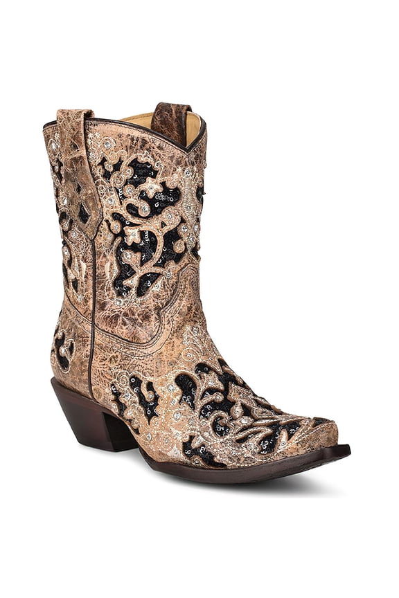 CORRAL Adult Female Brown Inlay & Embroidery & Studs & Crystals Ankle Boots, Size: 9.5, Width: M